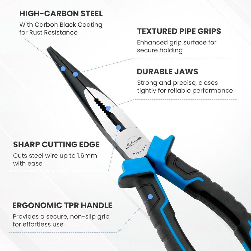 mshandto Needle Nose Pliers, 8" Long Nose Pliers for Wire Bending, High Carbon Steel Needle Nose Plier, Serrated Jaw Pliers for Jewelry Making, Electronics Repair, Object Grasping, Craft Making - Image 2